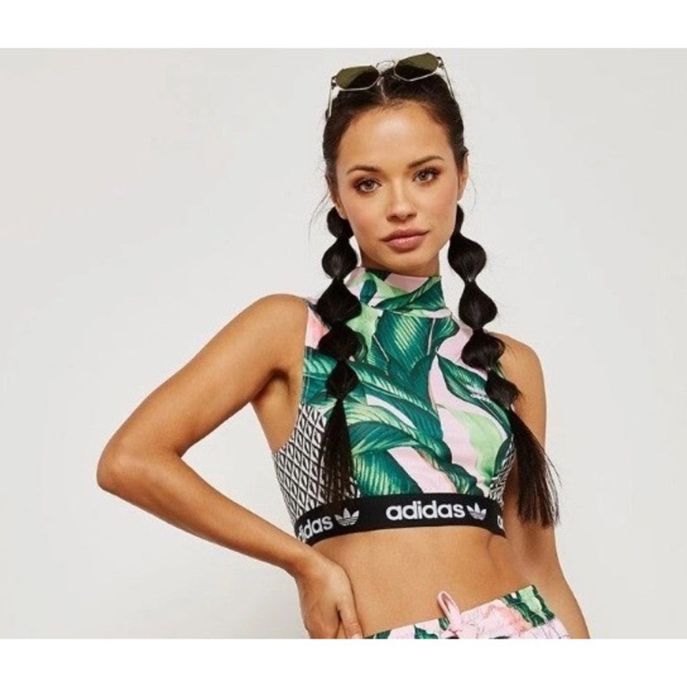 Adidas Originals x FARM Rio M Tropical Palm Print Crop Top Pink Green Streetwear